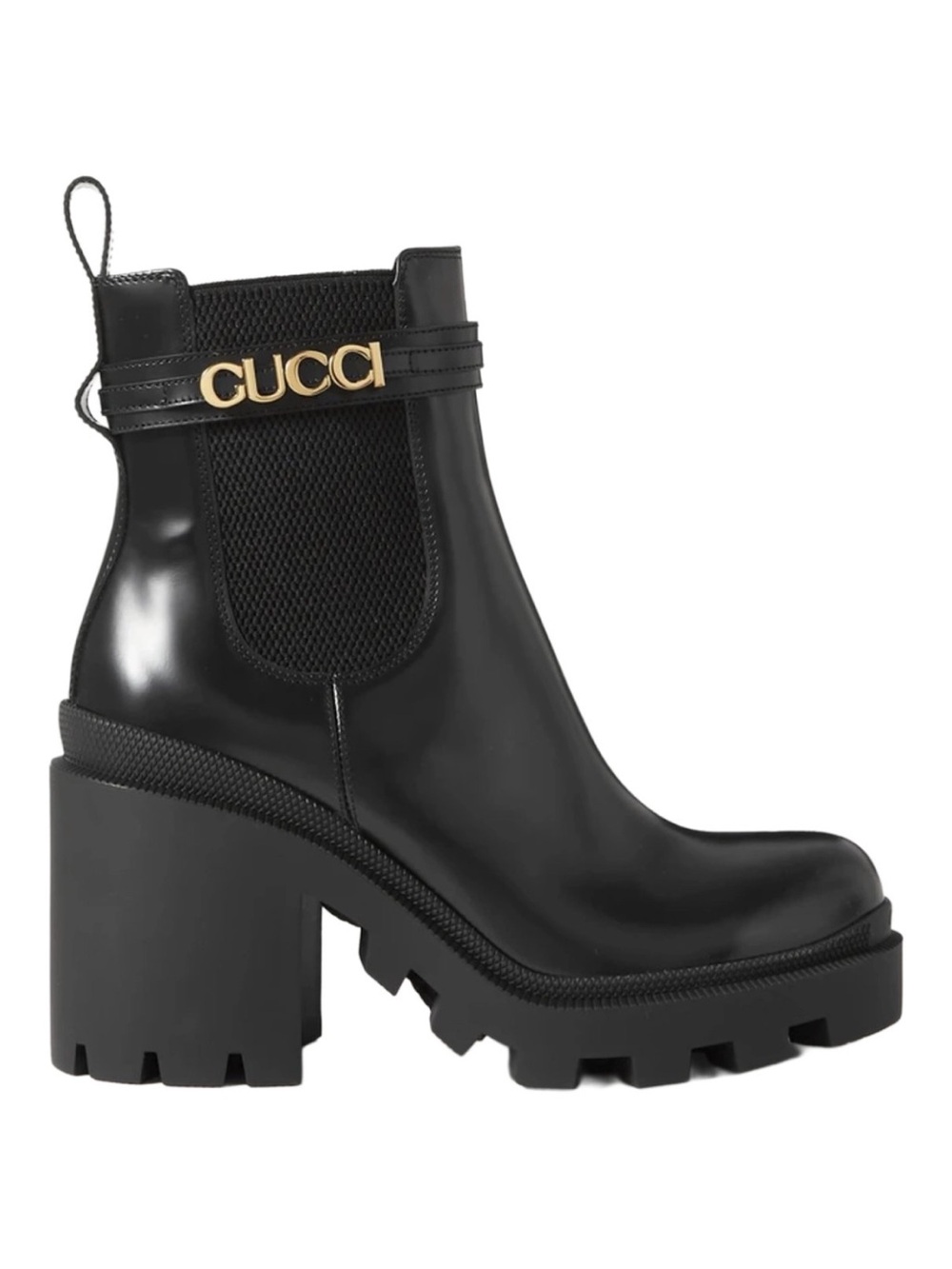 GUCCI Cara Trip logo script leather ankle heeled boots